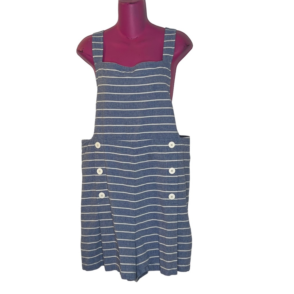 ModCloth 2X linen blend blue striped short overalls